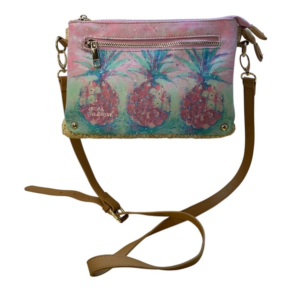Leoma Lovegrove Handbags - Leoma Lovegrove Pineapple Crossbody Bag Straw Faux Leather Tropical Pink Blue